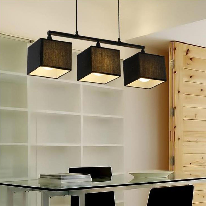 Contemporary Black Cubic Island Chandelier - 3 Head Fabric Hanging Light Kit