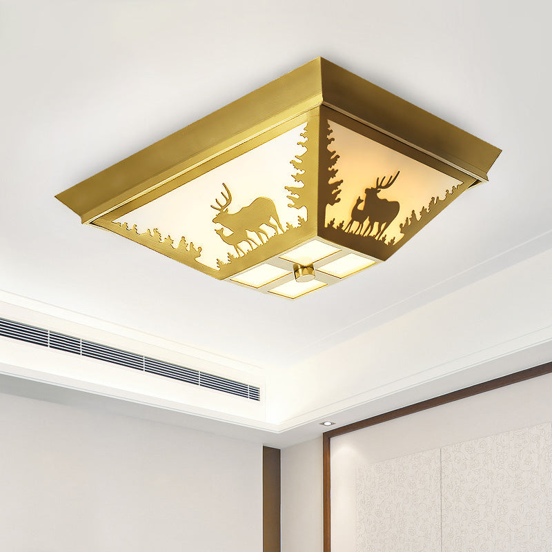 Trapezoid Brass Flush Mount Vintage Metal Ceiling Lamp with 4 Bulbs – Ideal for Living Room Lighting