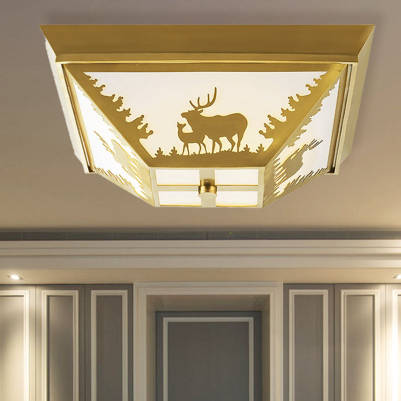 Trapezoid Brass Flush Mount Vintage Metal Ceiling Lamp with 4 Bulbs – Ideal for Living Room Lighting