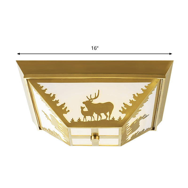 Trapezoid Brass Flush Mount Vintage Metal Ceiling Lamp with 4 Bulbs – Ideal for Living Room Lighting