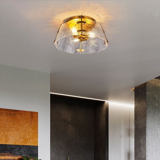 Traditional Brass Flush Mount Lamp with 3 Water Glass Shade – Living Room Ceiling Light Fixture