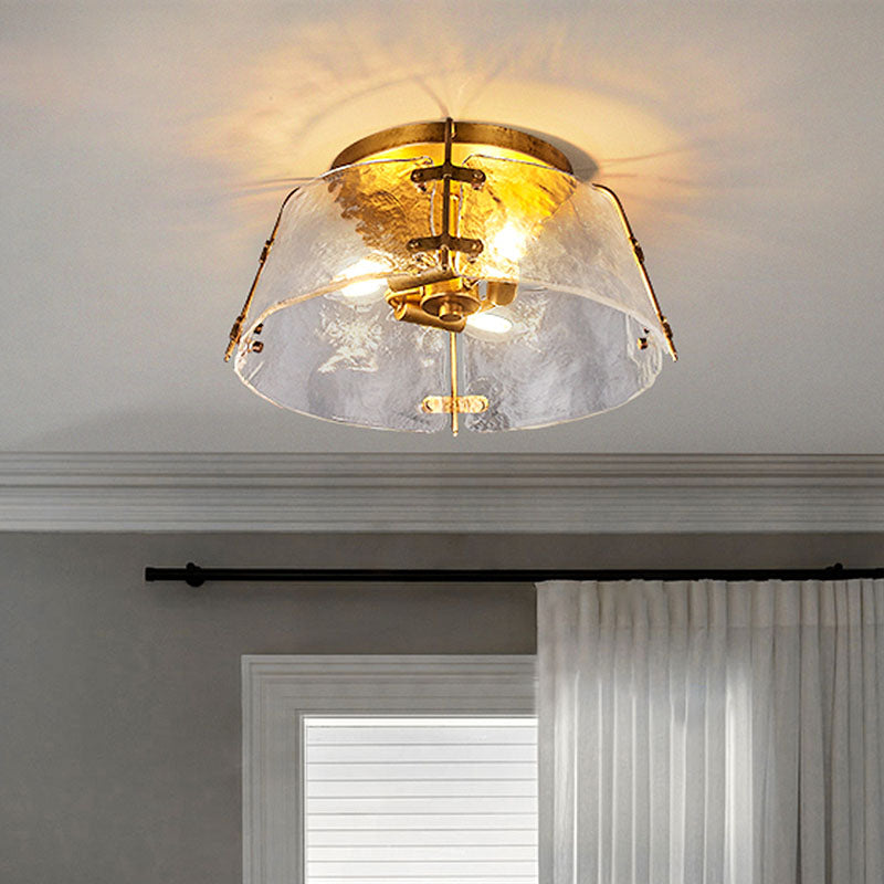 Traditional Brass Flush Mount Lamp with 3 Water Glass Shade – Living Room Ceiling Light Fixture