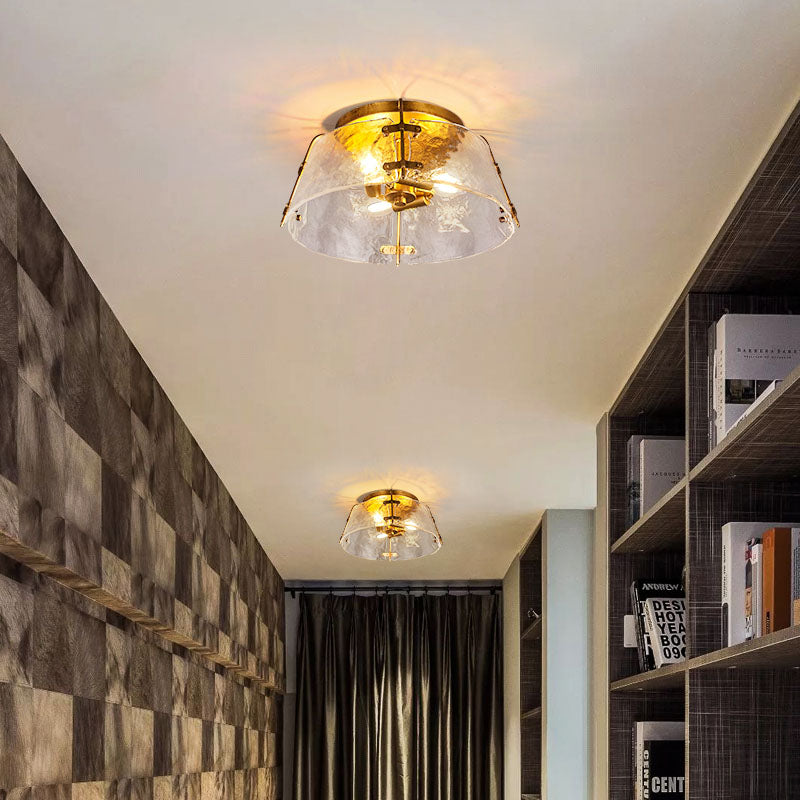 Traditional Brass Flush Mount Lamp with 3 Water Glass Shade – Living Room Ceiling Light Fixture