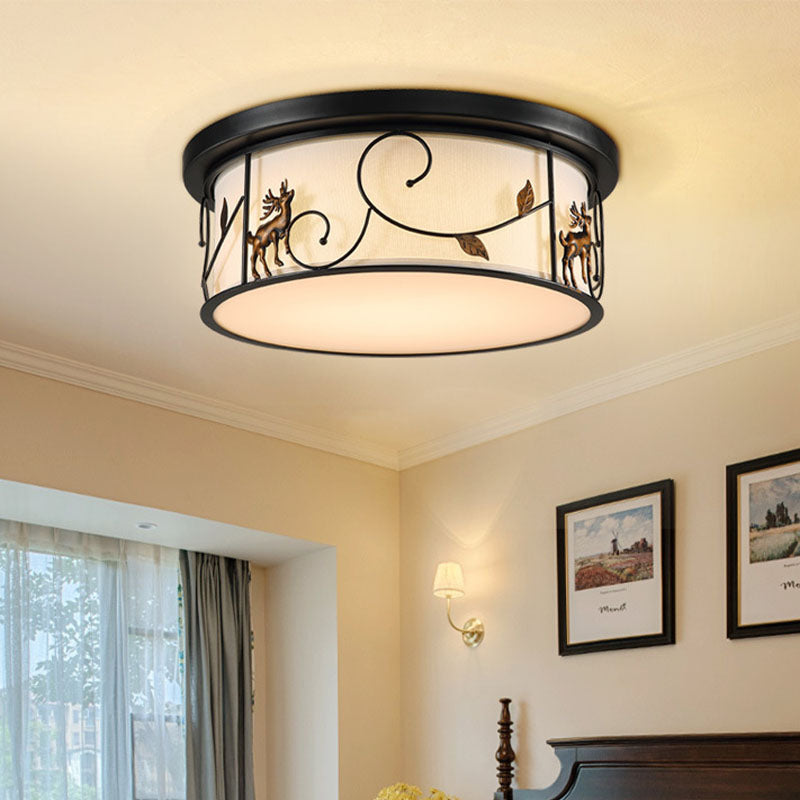 Plafonnier LED encastré à tambour noir avec tissu de campagne, décalcomanie oiseau/cerf - pour le salon