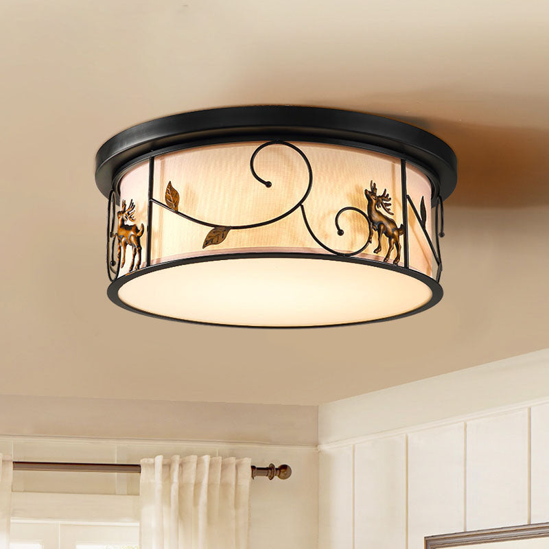 Black Drum Flush Mount Led Ceiling Light With Countryside Fabric Bird/Deer Decal - For Living Room