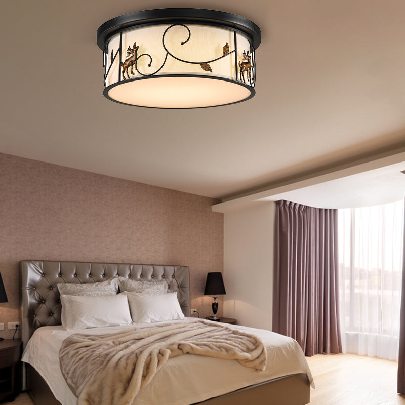 Plafonnier LED encastré à tambour noir avec tissu de campagne, décalcomanie oiseau/cerf - pour le salon