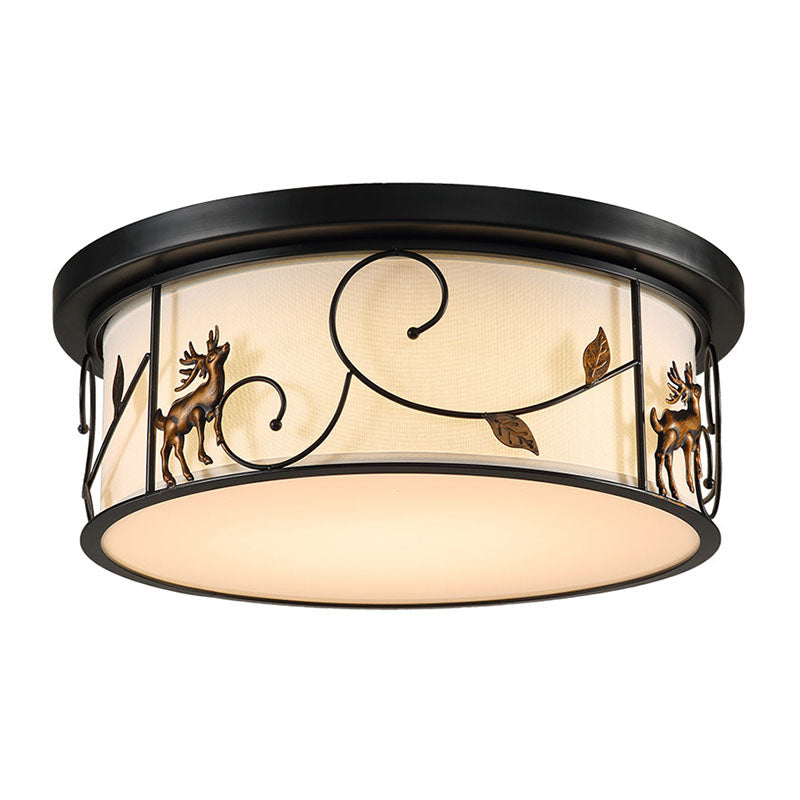 Black Drum Flush Mount Led Ceiling Light With Countryside Fabric Bird/Deer Decal - For Living Room