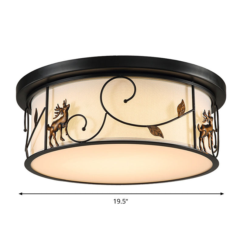 Plafonnier LED encastré à tambour noir avec tissu de campagne, décalcomanie oiseau/cerf - pour le salon