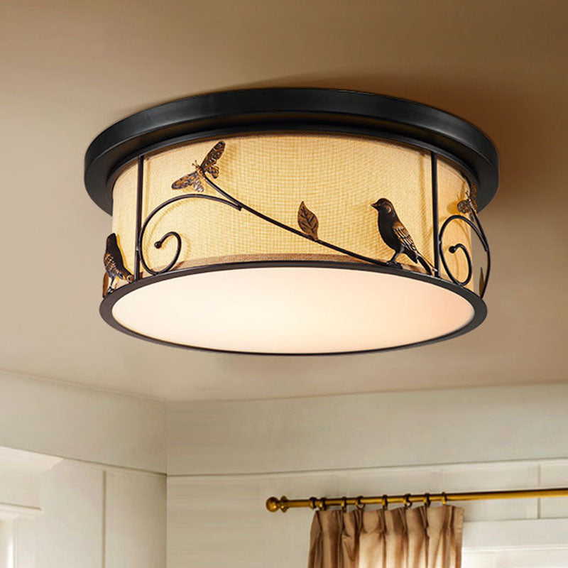 Black Drum Flush Mount Led Ceiling Light With Countryside Fabric Bird/Deer Decal - For Living Room /