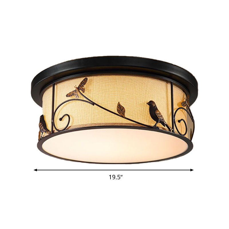 Black Drum Flush Mount Led Ceiling Light With Countryside Fabric Bird/Deer Decal - For Living Room
