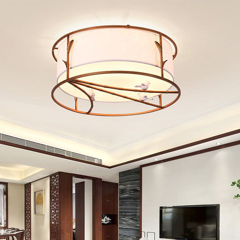 Traditional Brown Drum Ceiling Flush Lighting - Fabric Shade, Multiple Sizes, Multiple Heads - Bedroom Flush Mount Lamp Fixture