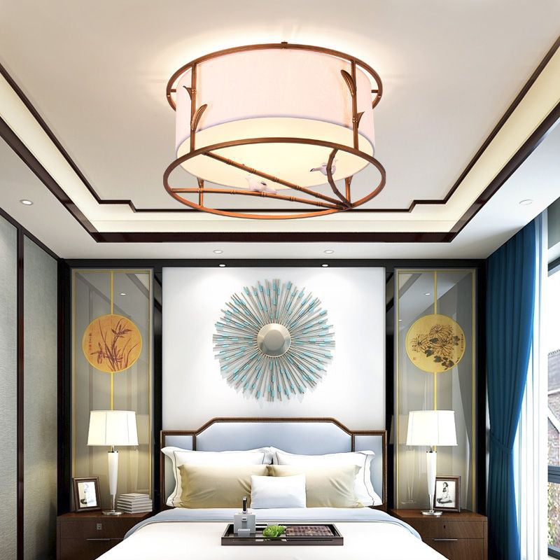 Traditional Brown Drum Ceiling Flush Lighting - Fabric Shade, Multiple Sizes, Multiple Heads - Bedroom Flush Mount Lamp Fixture