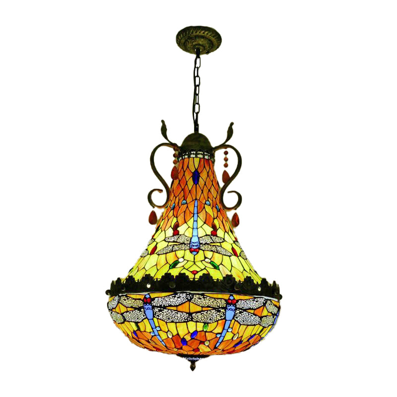 Lustre en vitrail libellule - 6/8 lumières, finition laiton antique
