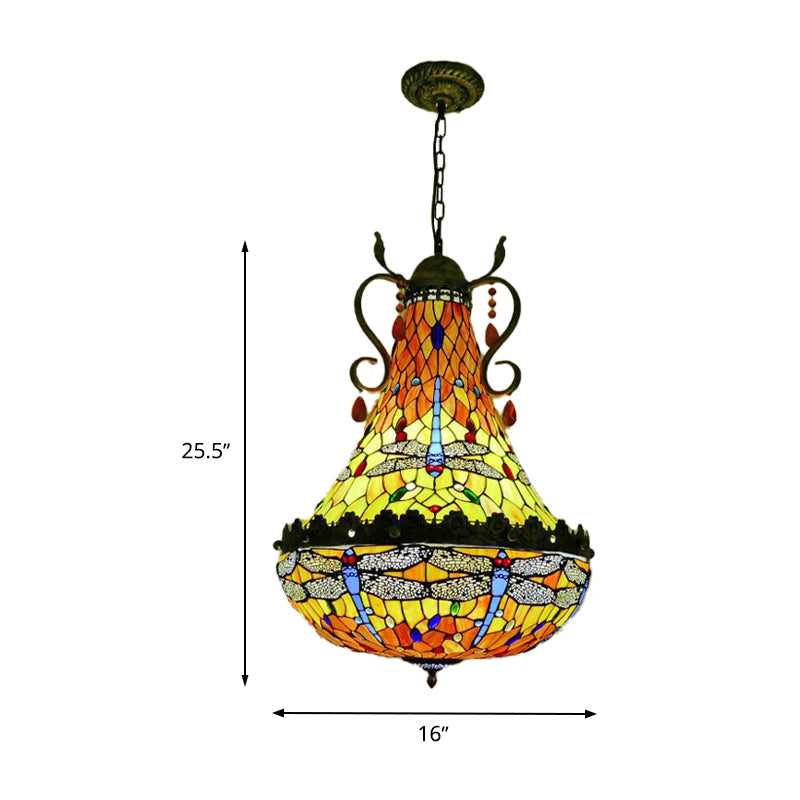 Lustre en vitrail libellule - 6/8 lumières, finition laiton antique