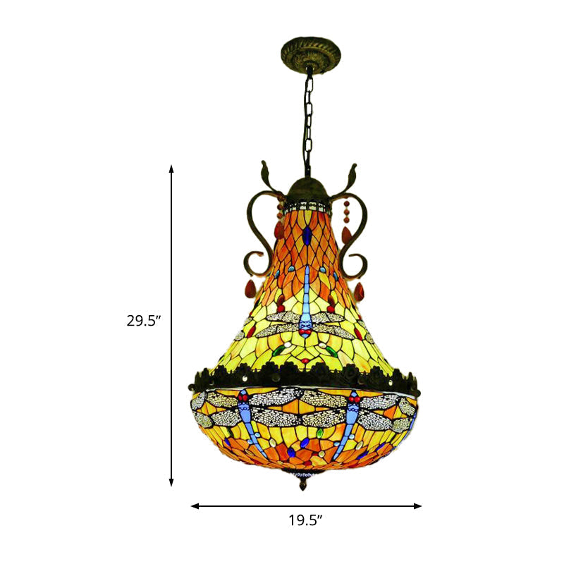 Lustre en vitrail libellule - 6/8 lumières, finition laiton antique