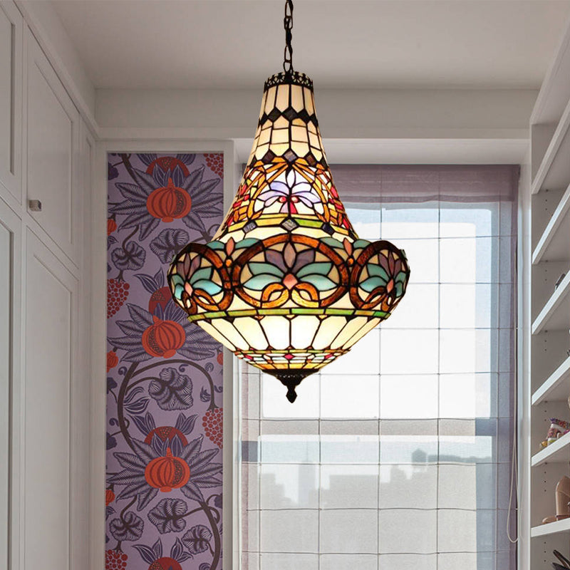 Lustre à fleurs en bronze antique - vitrail Tiffany, 3/5 lumières - Pendentif 12"/16"