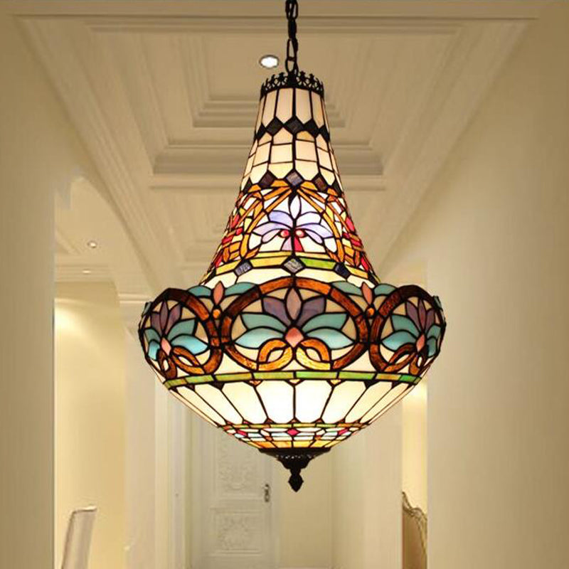 Lustre à fleurs en bronze antique - vitrail Tiffany, 3/5 lumières - Pendentif 12"/16"
