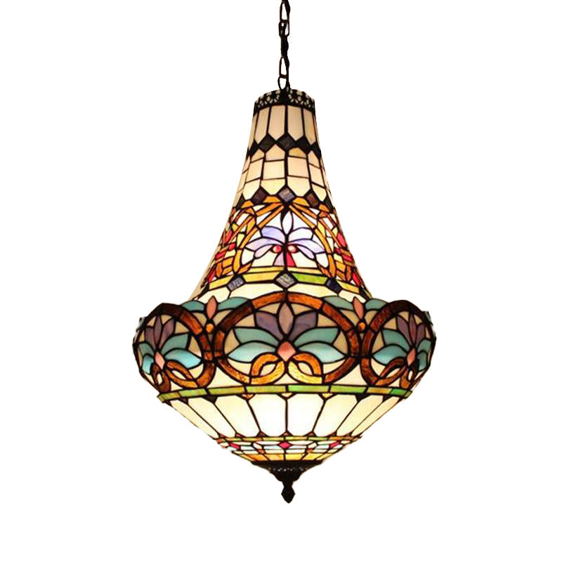 Lustre à fleurs en bronze antique - vitrail Tiffany, 3/5 lumières - Pendentif 12"/16"