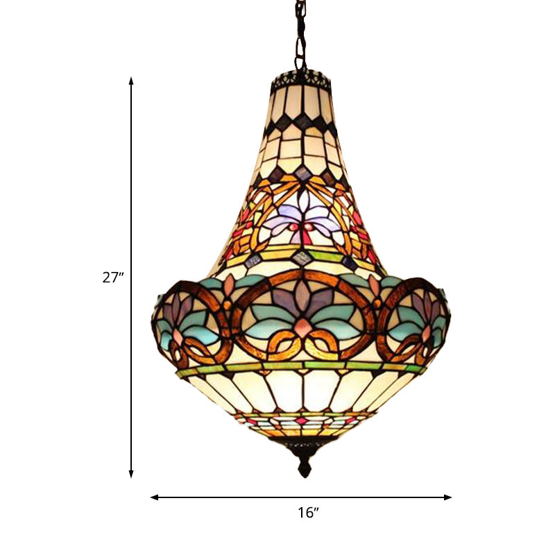 Lustre à fleurs en bronze antique - vitrail Tiffany, 3/5 lumières - Pendentif 12"/16"