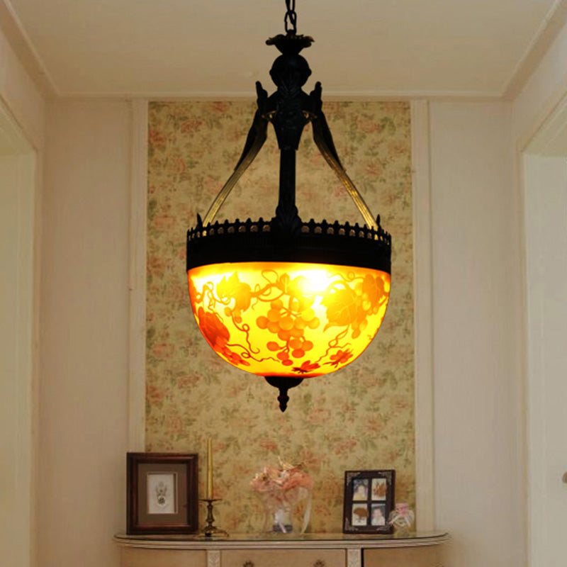 Lustre à fleurs méditerranéennes en vitrail jaune - Lampe suspendue à 3 lumières, 12"/16" de large
