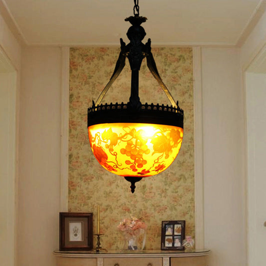 Lustre à fleurs méditerranéennes en vitrail jaune - Lampe suspendue à 3 lumières, 12"/16" de large