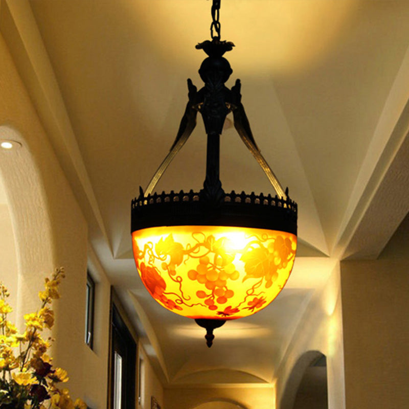 Lustre à fleurs méditerranéennes en vitrail jaune - Lampe suspendue à 3 lumières, 12"/16" de large