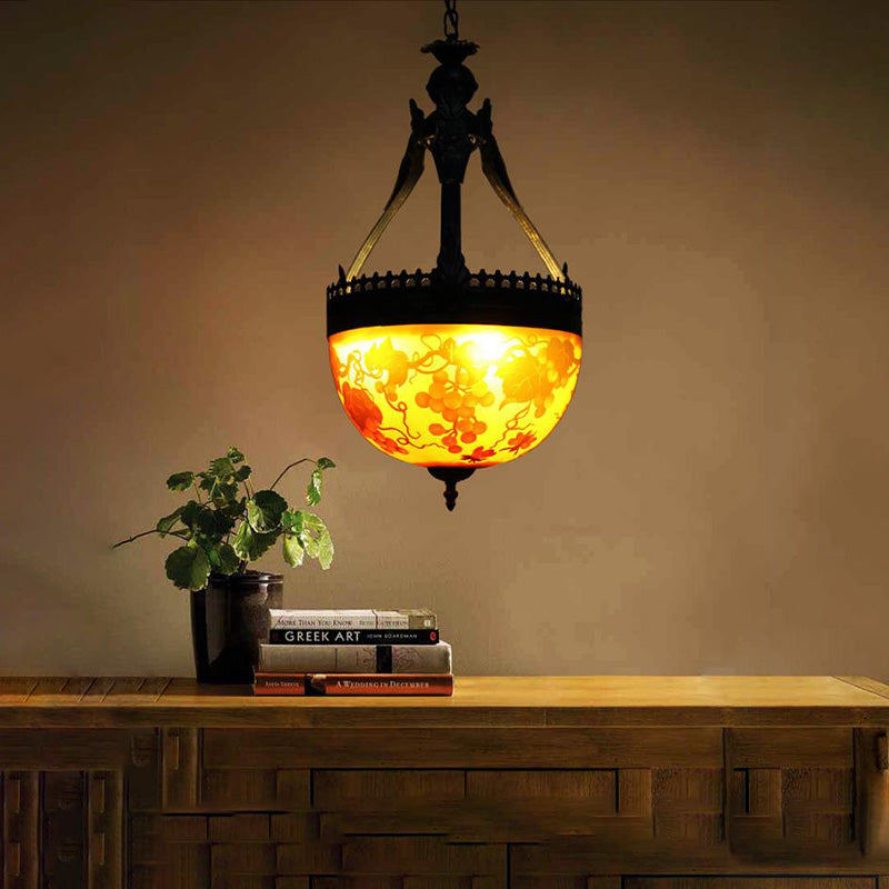 Lustre à fleurs méditerranéennes en vitrail jaune - Lampe suspendue à 3 lumières, 12"/16" de large