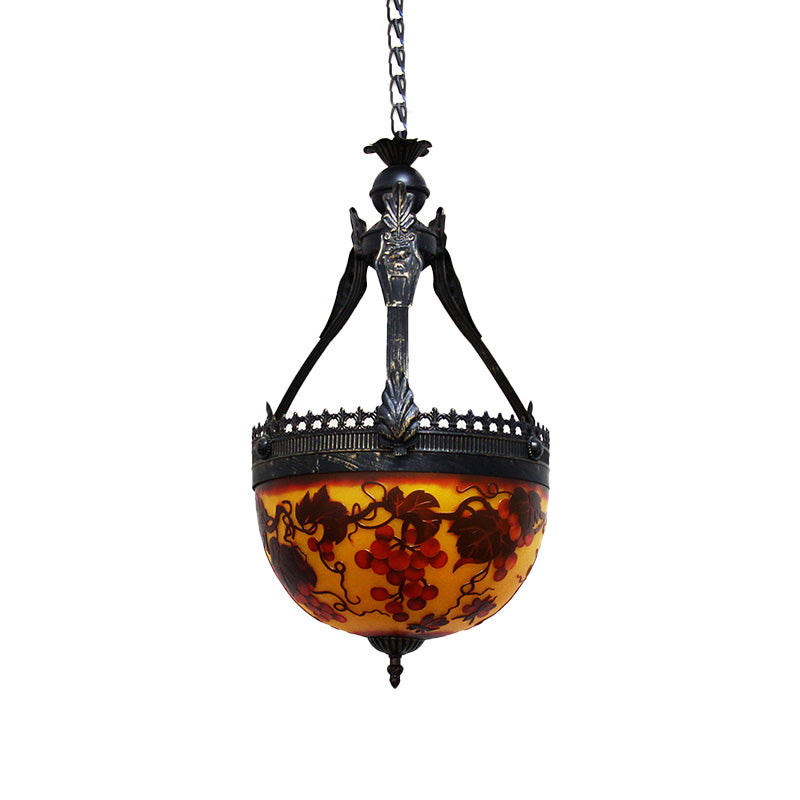 Lustre à fleurs méditerranéennes en vitrail jaune - Lampe suspendue à 3 lumières, 12"/16" de large
