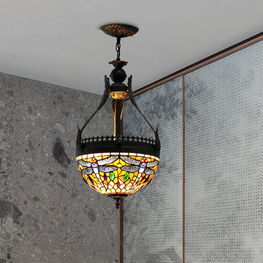 Lustre méditerranéen en vitrail en forme de libellule - 3 lumières, suspension orange/verte