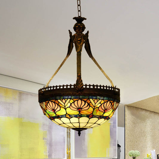 Lustre libellule de style Tiffany - Lampe suspendue en verre teinté jaune/orange/rose et blanc - 3 lumières