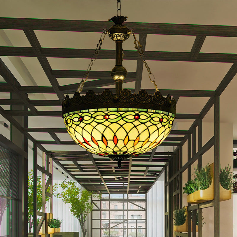 Lustre suspendu en vitrail méditerranéen avec 3 lumières en laiton antique - Motif libellule, cœur et géométrique