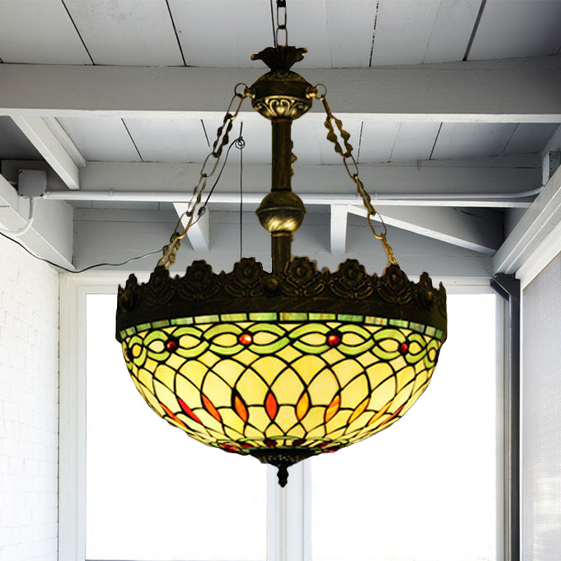 Lustre suspendu en vitrail méditerranéen avec 3 lumières en laiton antique - Motif libellule, cœur et géométrique