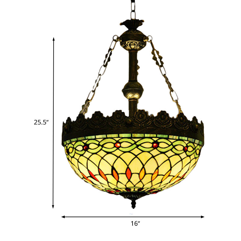 Lustre suspendu en vitrail méditerranéen avec 3 lumières en laiton antique - Motif libellule, cœur et géométrique