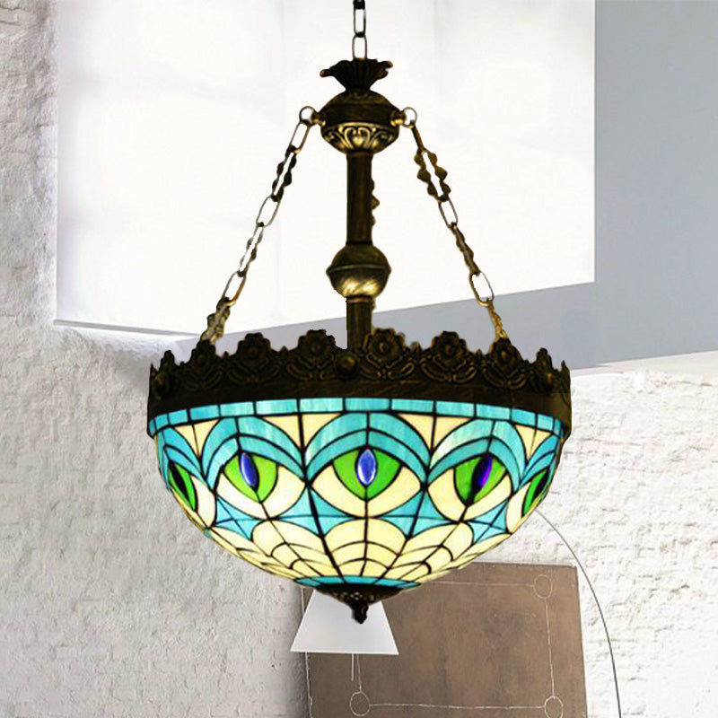 Lustre suspendu en vitrail méditerranéen avec 3 lumières en laiton antique - Motif libellule, cœur et géométrique
