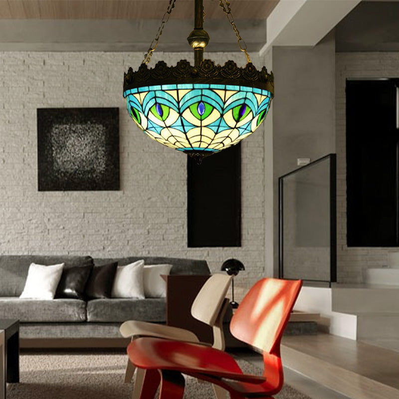 Lustre suspendu en vitrail méditerranéen avec 3 lumières en laiton antique - Motif libellule, cœur et géométrique
