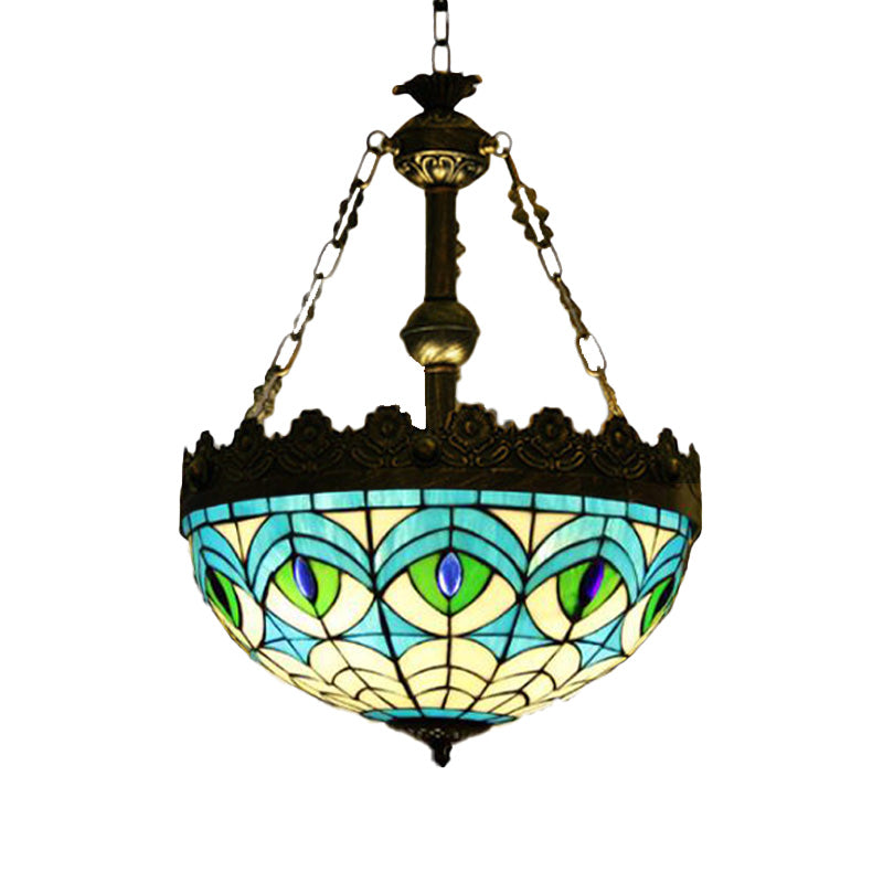 Lustre suspendu en vitrail méditerranéen avec 3 lumières en laiton antique - Motif libellule, cœur et géométrique