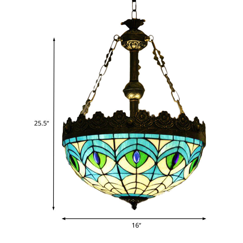 Lustre suspendu en vitrail méditerranéen avec 3 lumières en laiton antique - Motif libellule, cœur et géométrique