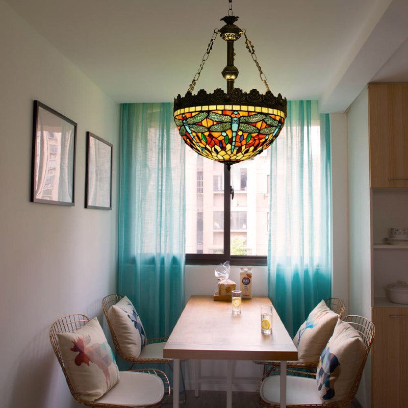 Lustre suspendu en vitrail méditerranéen avec 3 lumières en laiton antique - Motif libellule, cœur et géométrique