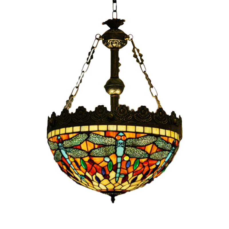 Lustre suspendu en vitrail méditerranéen avec 3 lumières en laiton antique - Motif libellule, cœur et géométrique