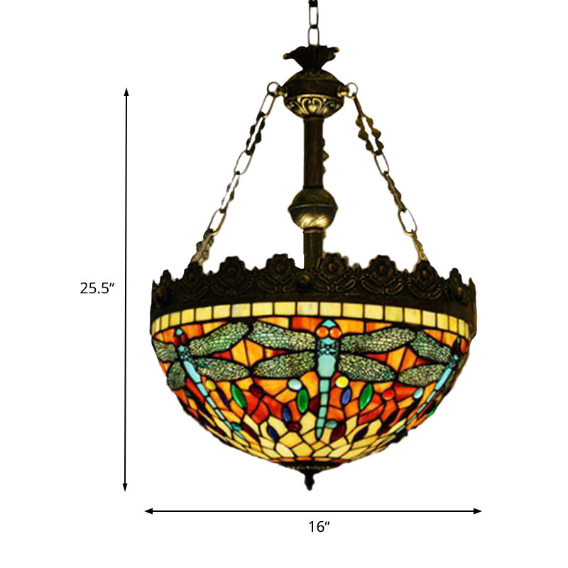 Lustre suspendu en vitrail méditerranéen avec 3 lumières en laiton antique - Motif libellule, cœur et géométrique