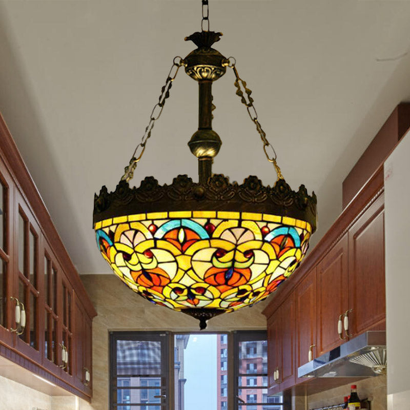 Lustre suspendu en vitrail méditerranéen avec 3 lumières en laiton antique - Motif libellule, cœur et géométrique