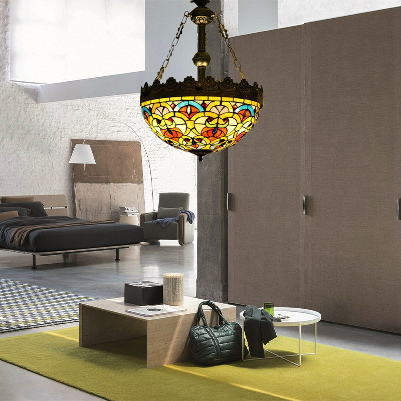 Lustre suspendu en vitrail méditerranéen avec 3 lumières en laiton antique - Motif libellule, cœur et géométrique