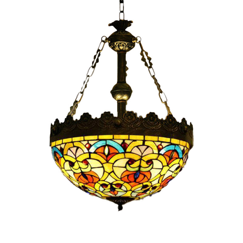 Lustre suspendu en vitrail méditerranéen avec 3 lumières en laiton antique - Motif libellule, cœur et géométrique