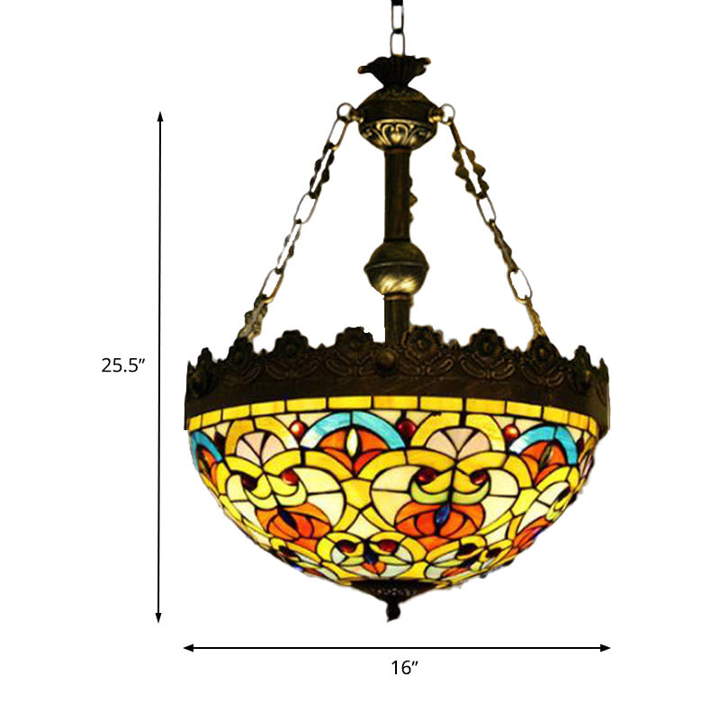 Lustre suspendu en vitrail méditerranéen avec 3 lumières en laiton antique - Motif libellule, cœur et géométrique