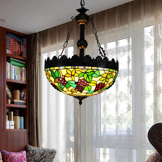 Lustre en verre teinté vert Tiffany à 3 lumières - Suspension design raisin pour salon