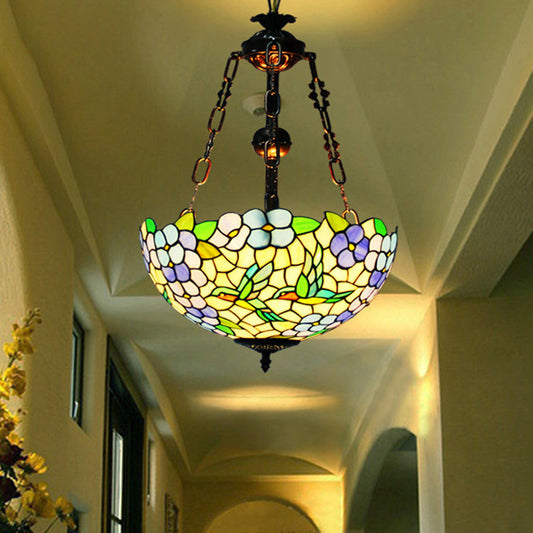 Lustre en vitrail à fleurs méditerranéennes - Lampe à suspension à 3 lumières en cuivre patiné