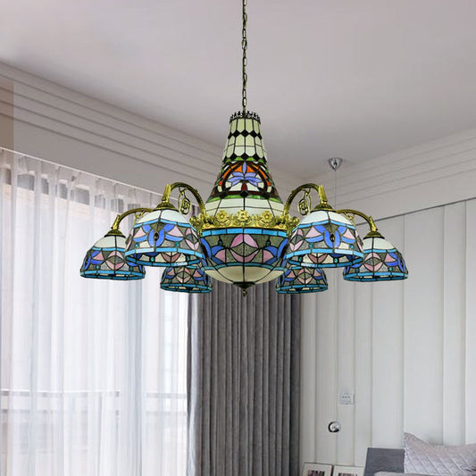 Lustre en verre teinté à bras courbés - Plafonnier méditerranéen à 11 lumières en rose/bleu/bleu violacé