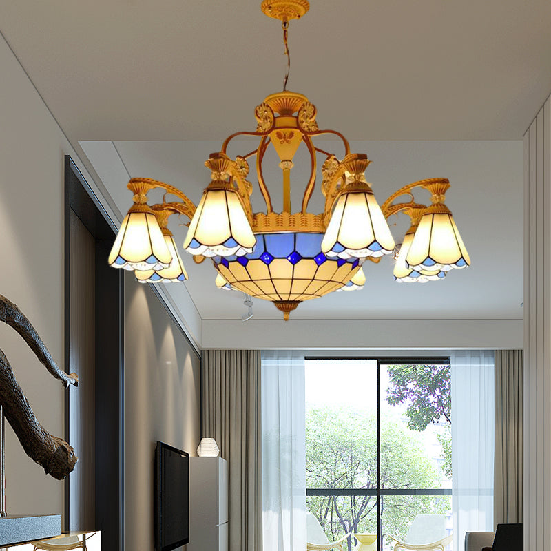 Lustre suspendu en vitrail de style baroque avec 8/11 lumières en blanc/bleu, disponible en largeur de 31,5"/37,5"