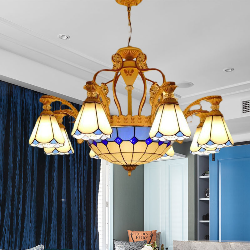 Lustre suspendu en vitrail de style baroque avec 8/11 lumières en blanc/bleu, disponible en largeur de 31,5"/37,5"