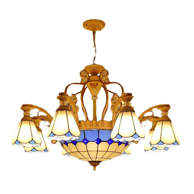 Lustre suspendu en vitrail de style baroque avec 8/11 lumières en blanc/bleu, disponible en largeur de 31,5"/37,5"
